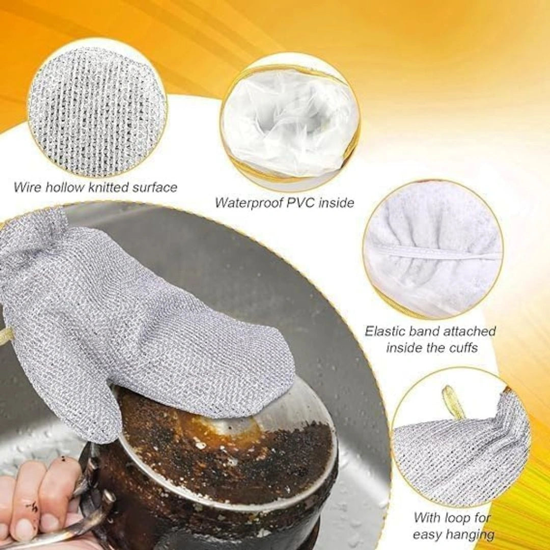 Wearing dishwashing gloves while washing vessels